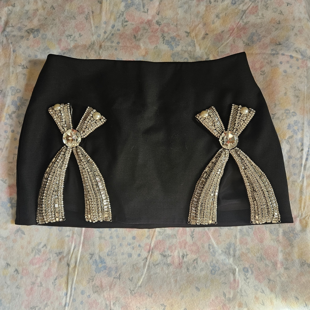 AREA NYC Black Deco Bow Slit Miniskirt NWOT